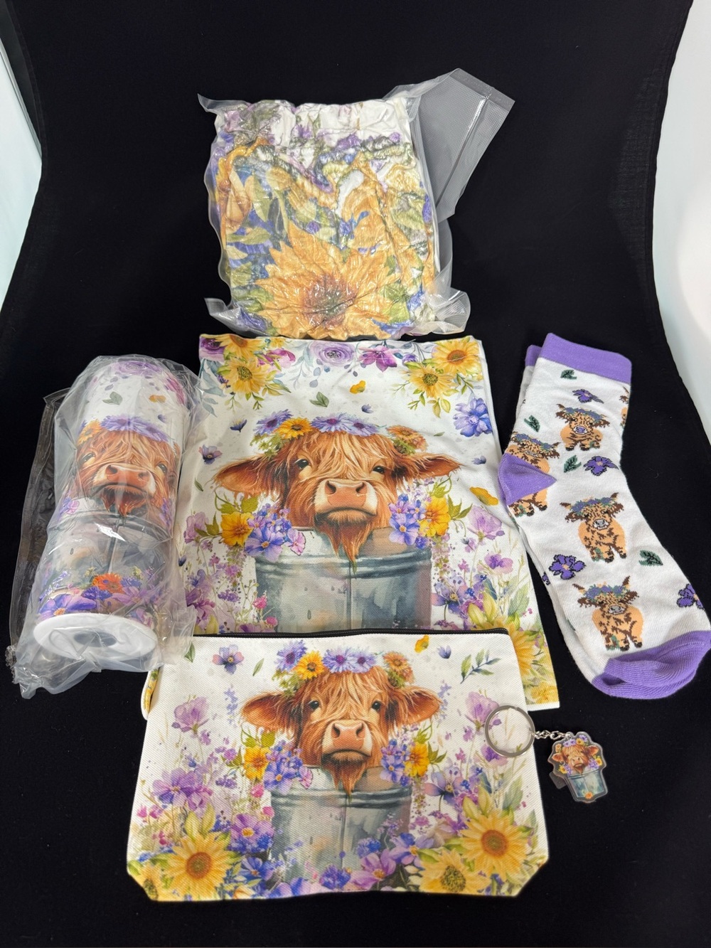 Floral Cow Print Socks & Accessories Set - White & Purple